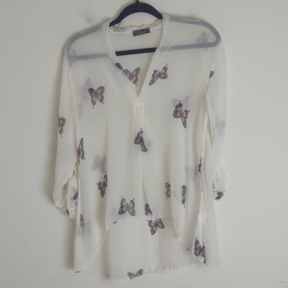 Lola Made in Italy White Butterfly Print Sheer Blouse Size Small - Picture 2 of 12
